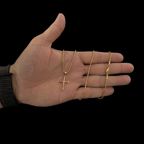 CORRENTE RABO DE RATO ( 2mm-70cm) + PINGENTE CRUCIFIXO P - BANHADO A OURO 18K.