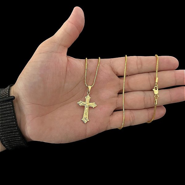 CORRENTE RABO DE RATO ( 2mm-70cm) + PINGENTE CRUCIFIXO RACIONAIS COM JESUS M - BANHADO A OURO 18K.