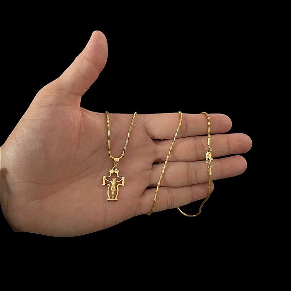 CORRENTE RABO DE RATO ( 2mm-70cm) + PINGENTE CRUCIFIXO VAZADO P - BANHADO A OURO 18K.