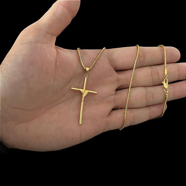 CORRENTE RABO DE RATO ( 2mm-70cm) + PINGENTE CRUZ AMARRADA  M - BANHADO A OURO 18K.