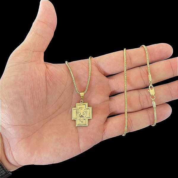 CORRENTE RABO DE RATO ( 2mm-70cm) + PINGENTE  CRUZ LEÃO DE JUDÁ - BANHADO A OURO 18K.
