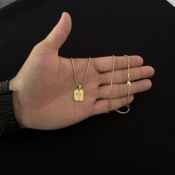 CORRENTE RABO DE RATO ( 2mm-70cm) + PINGENTE CRUZ PLAQUINHA 3D PP