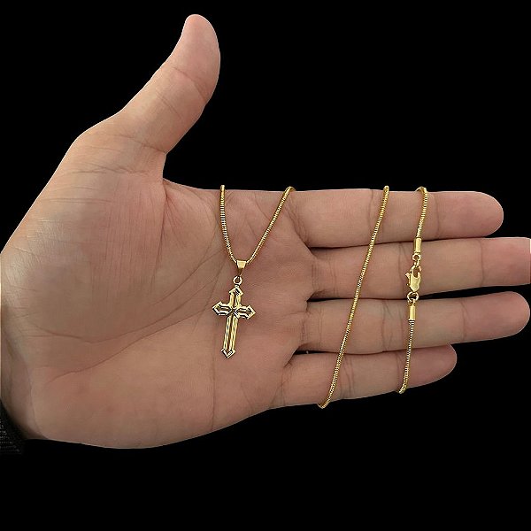 CORRENTE RABO DE RATO ( 2mm-70cm) + PINGENTE CRUZ VAZADA M -   BANHADO A OURO 18K.