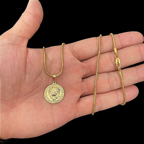 CORRENTE RABO DE RATO ( 2mm-70cm) + PINGENTE LEÃO DE JUDÁ - BANHADO A OURO 18K.