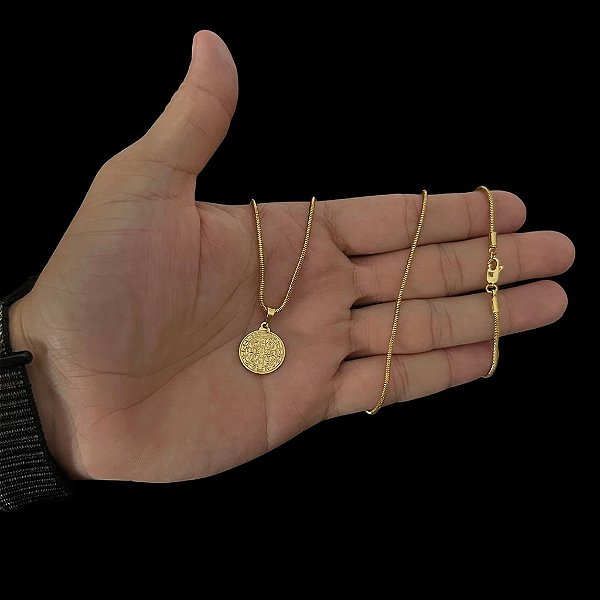 CORRENTE RABO DE RATO ( 2mm-70cm) + PINGENTE MEDALHA DE SÃO BENTO  DUPLA FACE M -BANHADO A OURO 18K.