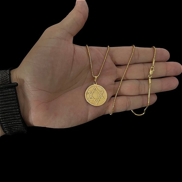 CORRENTE RABO DE RATO ( 2mm-70cm) + PINGENTE MEDALHA ESTRELA DE DAVI M - BANHADO A OURO 18K.