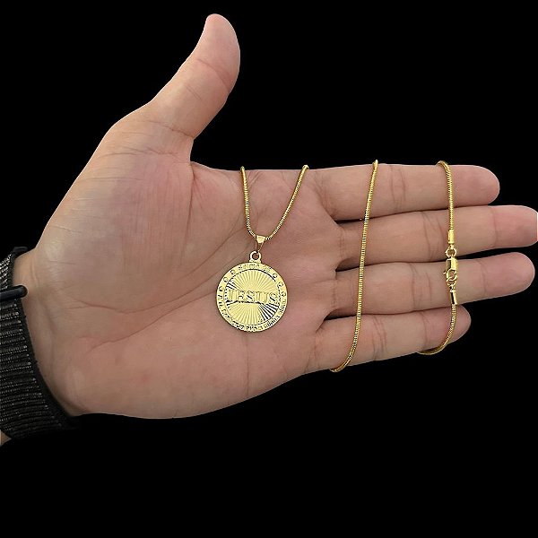 CORRENTE RABO DE RATO ( 2mm-70cm) + PINGENTE MEDALHA JESUS 3D M -  BANHADO A OURO 18K.