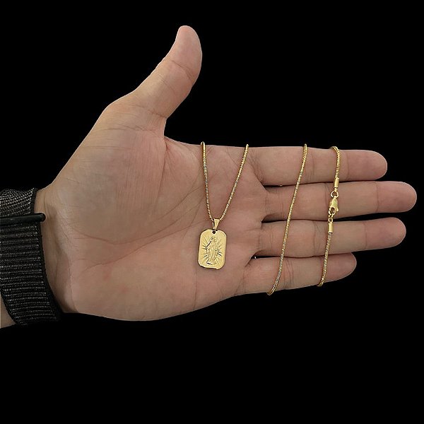 CORRENTE RABO DE RATO ( 2mm-70cm) + PINGENTE PLAQUINHA COM SANTA 3D - BANHADO A OURO 18K.