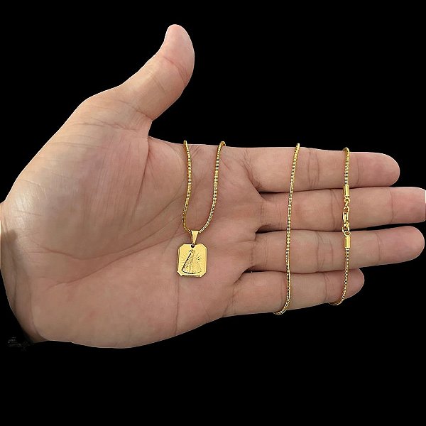 CORRENTE RABO DE RATO ( 2mm-70cm) + PINGENTE PLAQUINHA NOSSA SENHORA 3D P - BANHADO A OURO 18K.