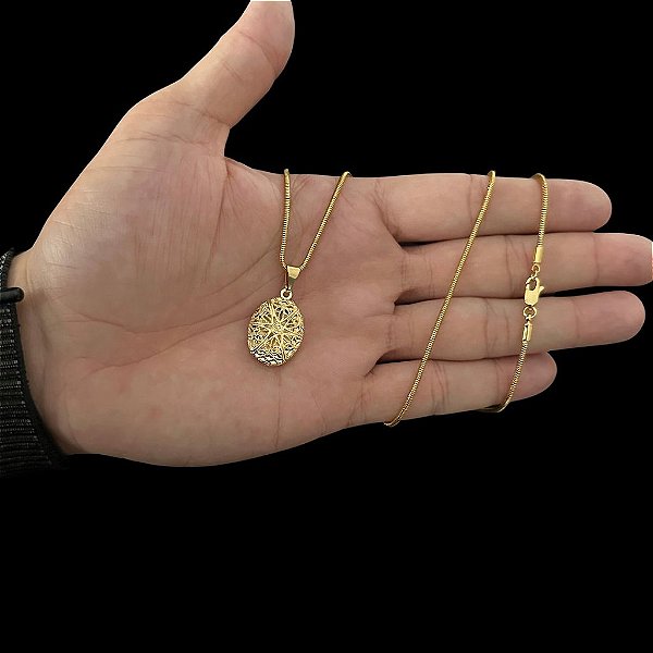 CORRENTE RABO DE RATO ( 2mm-70cm) + PINGENTE RELICÁRIO  M - BANHADO A OURO 18K.