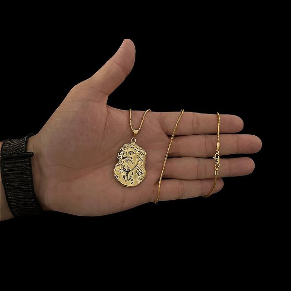 CORRENTE RABO DE RATO ( 2mm-70cm) + PINGENTE ROSTO DE JESUS DETALHADO - BANHADO A OURO 18K.