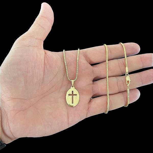 CORRENTE RABO DE RATO (  2mm-70cm )+ PINGENTE CRUZ MEDALHA - BANHADO A OURO 18K.