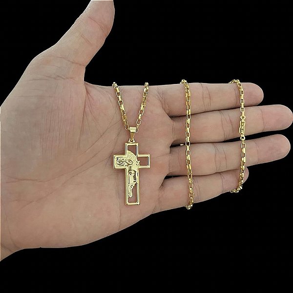 CORRENTES TIJOLINHO FECHO CANHÃO( 2MM- 70CM) + PINGENTE CRUZ JESUS 3D GRANDE - BANHADO A OURO 18K.