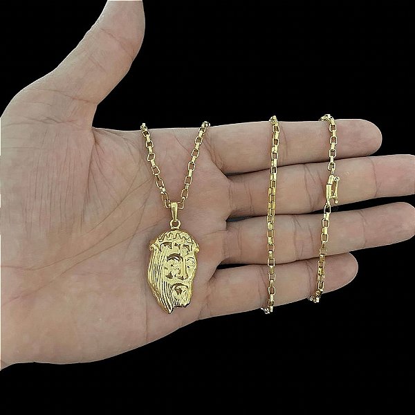 CORRENTES TIJOLINHO FECHO CANHÃO( 2mm- 70cm) + PINGENTE FACE DE CRISTO - BANHADO A OURO 18K.