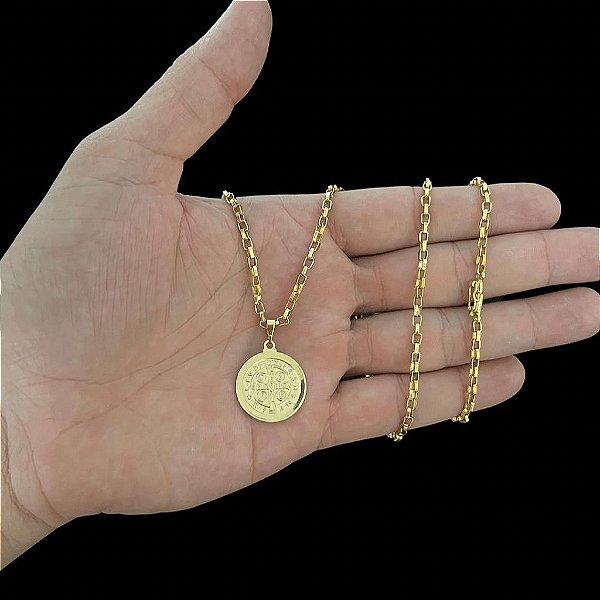 CORRENTES TIJOLINHO FECHO CANHÃO( 2mm- 70cm) + PINGENTE MEDALHA DE SÃO BENTO - BANHADO A OURO 18K.