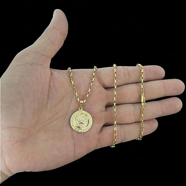 CORRENTES TIJOLINHO FECHO CANHÃO( 2mm- 70cm) + PINGENTE MEDALHA LEÃO TRIBO DE JUDA - BANHADO A OURO 18K.