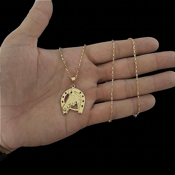 CORRENTE TIJOLINHO( 1.5MM-70CM) + CARA DE CAVALO  - BANHADO A OURO 18K.