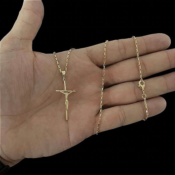 CORRENTE TIJOLINHO (1.5MM-70CM) + CRUCIFIXO - BANHADO A OURO 18K.