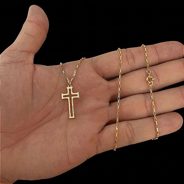 CORRENTE TIJOLINHO( 1.5MM-70CM) + CRUZ VAZADA - BANHADO A OURO 18K.