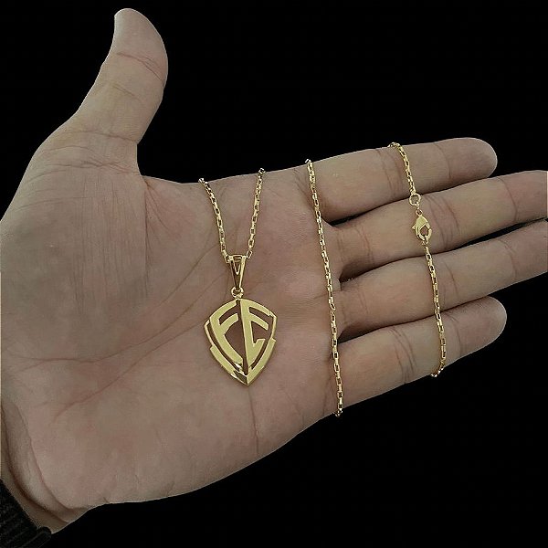 CORRENTE TIJOLINHO( 1.5MM-70CM) + FÉ VAZADO - FECHO COM MARCAÇÃO 750   BANHADO A OURO 18K.