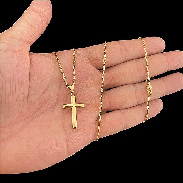 CORRENTE  TIJOLINHO( 1.5MM-70CM) + PINGENTE CRUZ - BANHADO A OURO 18K.