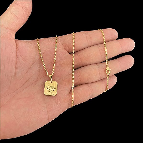 CORRENTE  TIJOLINHO (1.5MM-70CM) + PINGENTE ESPÍRITO SANTO - BANHADO A OURO 18K.