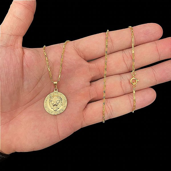 CORRENTE TIJOLINHO( 1.5MM-70Cm) + PINGENTE LEÃO DE JUDÁ - BANHADO A OURO 18K.