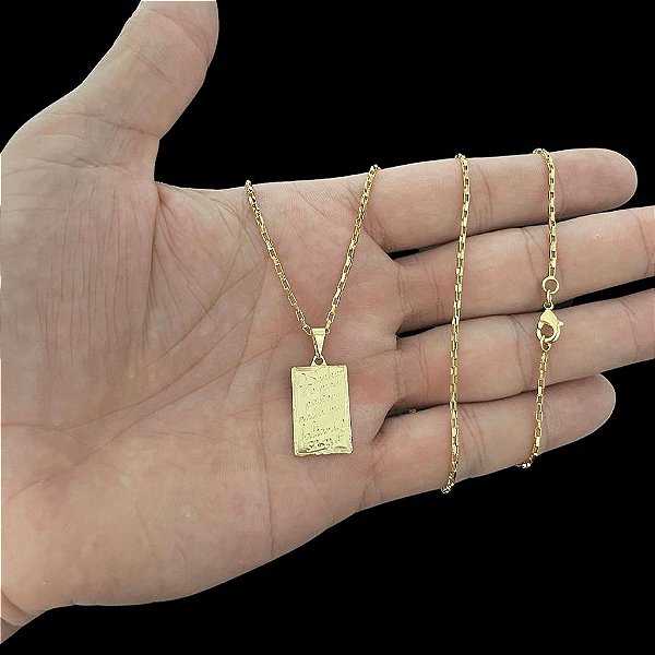 CORRENTE  TIJOLINHO( 1.5MM- 70CM) + PINGENTE PLACA COM SALMOS- BANHADO A OURO 18K.