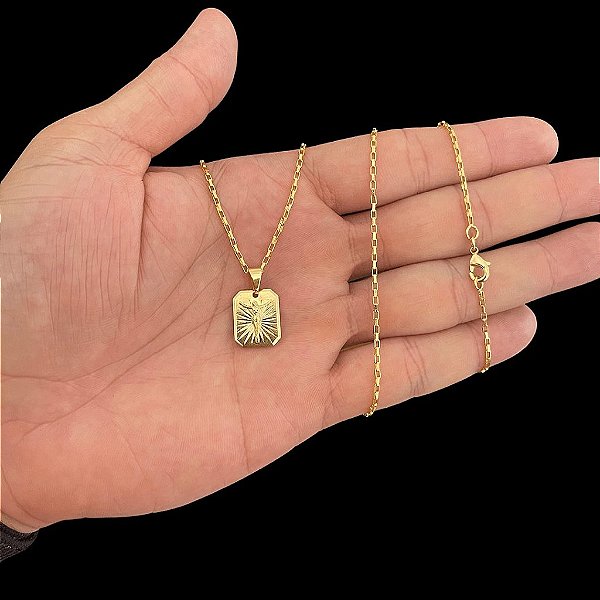 CORRENTE  TIJOLINHO( 1.5MM- 70CM)+ PINGENTE PLAQUINHA CRUCIFIXO- BANHADO A OURO 18K.