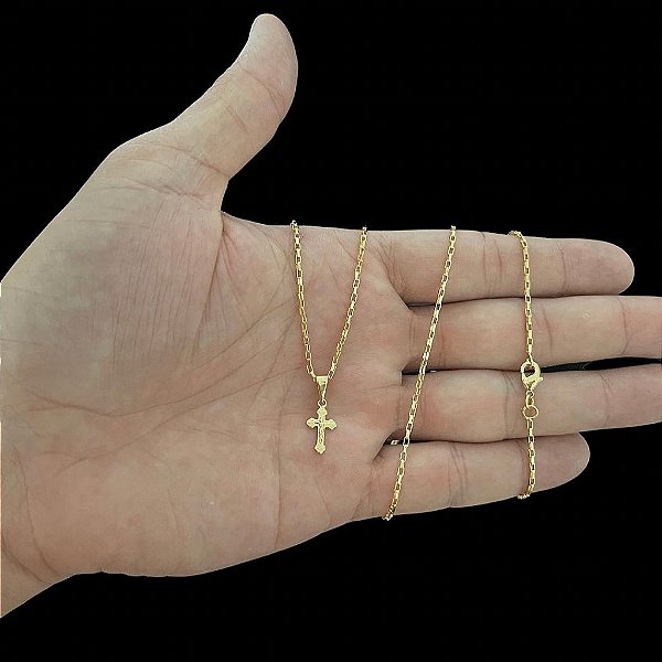 CORRENTE  TIJOLINHO (1.5MM-70CM) + PINGENTE CRUCIFIXO PP MINI