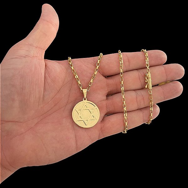 CORRENTE TIJOLINHO( 2MM- 70/60CM) + PINGENTE MEDALHA MACIÇA ESTRELA DE DAVI - BANHADO A OURO 18K.