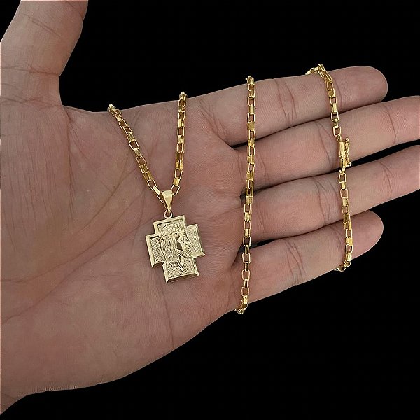 CORRENTE TIJOLINHO( 2MM-70CM) + PINGENTE JESUS CRUZ -   FECHO COM MARCAÇÃO 750 - BANHADO A OURO 18K.
