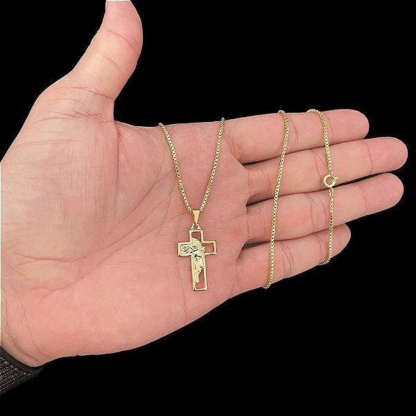 CORRENTE VENEZIANA ( 1.5MM- 70CM) + PINGENTE CRUCIFIXO 3D  - BANHO DE OURO 18k
