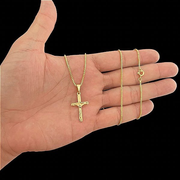 CORRENTE VENEZIANA  (1.5mm -70cm) + PINGENTE CRUCIFIXO DETALHADO  - BANHO DE OURO 18k