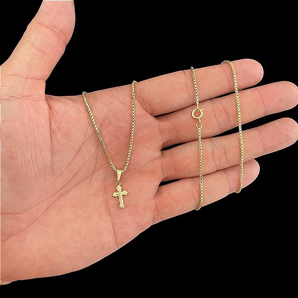 CORRENTE VENEZIANA ( 1.5MM- 70CM) + PINGENTE MEDALHA CRUCIFIXO MINI -  BANHADO A OURO 18K.