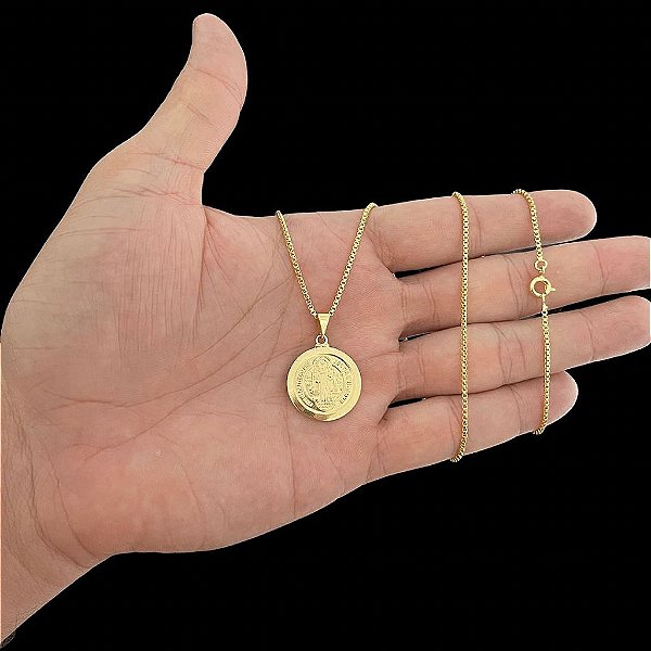 CORRENTE VENEZIANA(  1.5mm- 70cm) + PINGENTE MEDALHA DE SÃO BENTO DUPLA FACE  - BANHO DE OURO 18k