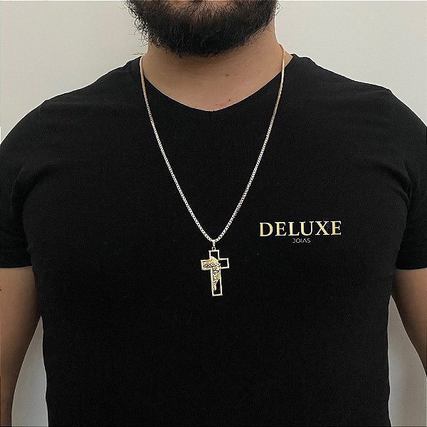 CORRENTE VENEZIANA  (2.5mm- 70cm) + PINGENTE CRUCIFIXO JESUS  - BANHO DE OURO 18k