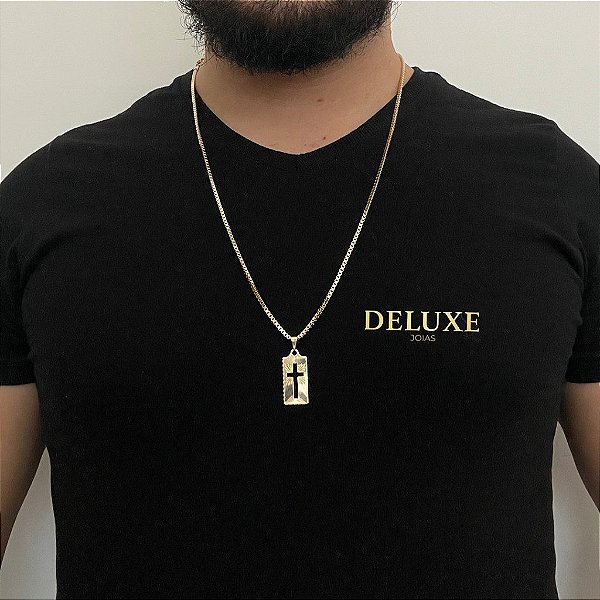 CORRENTE VENEZIANA ( 2.5mm- 70cm) + PINGENTE CRUZ PLACA VAZADA   - BANHO DE OURO 18k