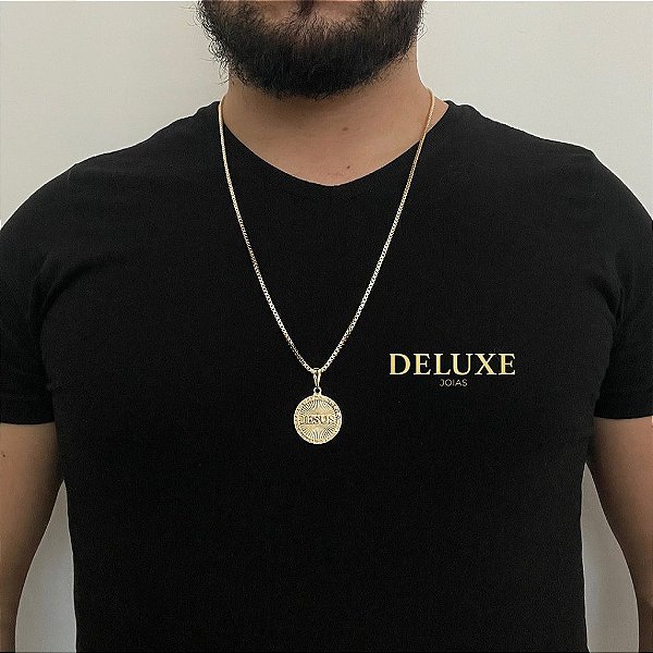 CORRENTE VENEZIANA ( 2.5mm- 70cm) + PINGENTE MEDALHA JESUS 3D  - BANHO DE OURO 18k
