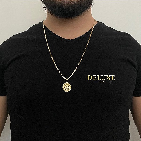 CORRENTE VENEZIANA ( 2.5mm- 70cm) + PINGENTE MEDALHA LEÃO DA TRIBO DE JUDA - BANHO DE OURO 18k