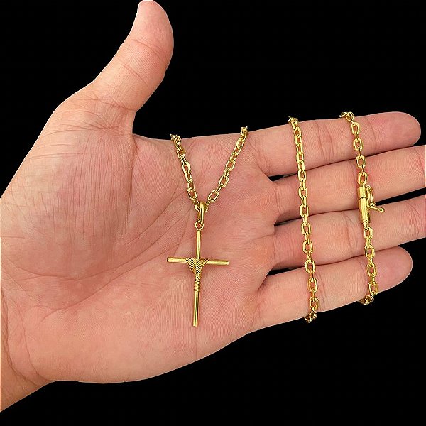 CORRENTE CADEADO( 3mm- 70Cm) + PINGENTE CRUZ AMARRADA - BANHADO A OURO 18k