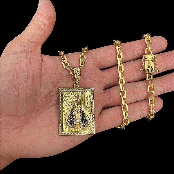 CORRENTE CADEADO NOSSA SENHORA( 70cm- 7mm)  + PINGENTE NOSSA SENHORA CRAVEJADO EM ZIRCÔNIA -  FECHO COM MARCAÇÃO 750 - BANHADO A OURO 18K.