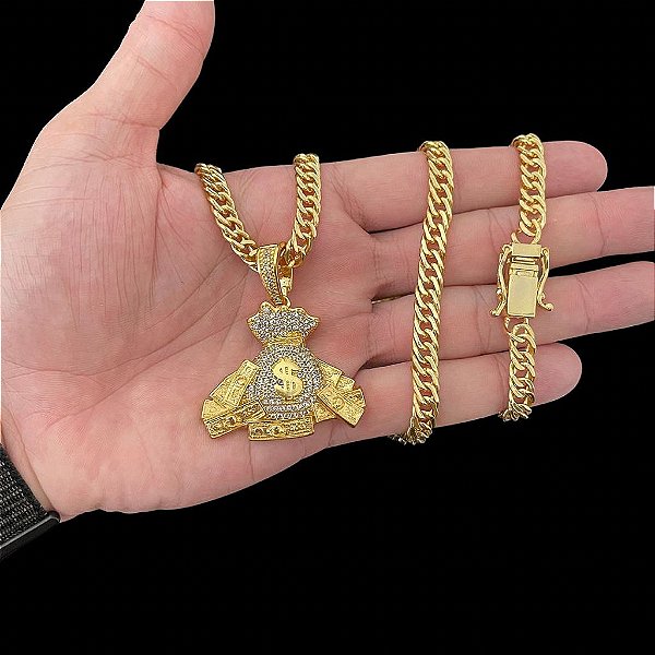 KIT CORRENTE  LACRAIA( 7mm- 70cm) + PINGENTE MALOTE DÓLAR -  FECHO COM MARCAÇÃO 750 -BANHADO A OURO 18K.