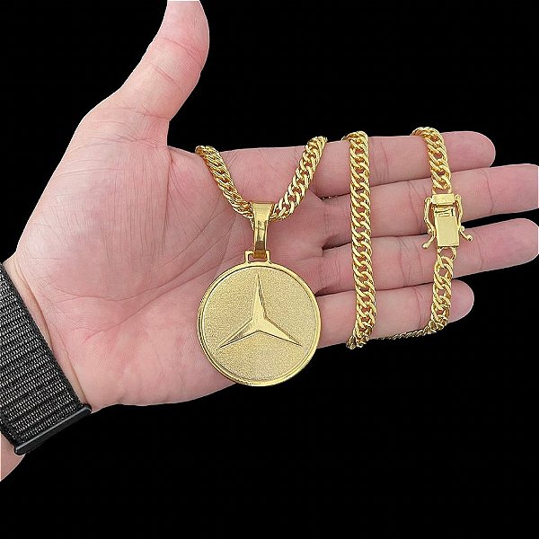 KIT CORRENTE LACRAIA ( 7mm- 70cm) + PINGENTE MERCEDES -FECHO COM MARCAÇÃO 750 - BANHADO A OURO 18K.