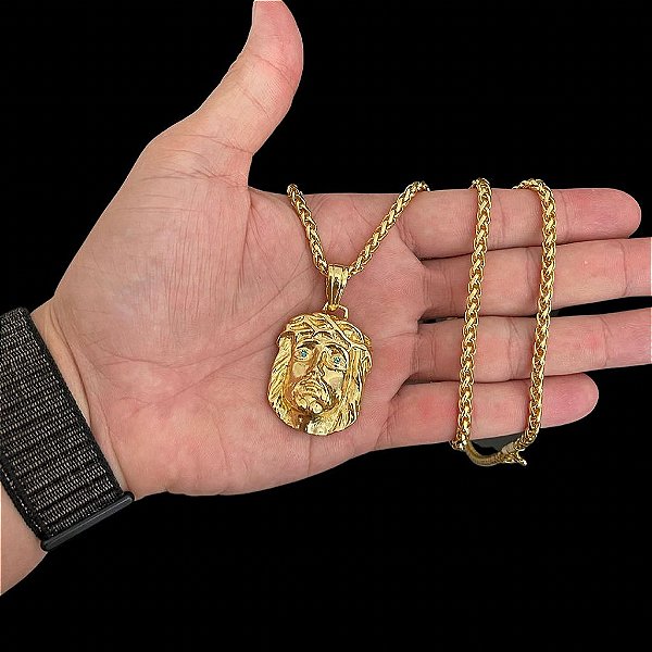 KIT CORRENTE PERUANA(5mm- 70cm) + PINGENTE FACE DE JESUS -  FECHO COM MARCAÇÃO 750 - BANHADO A OURO 18K.