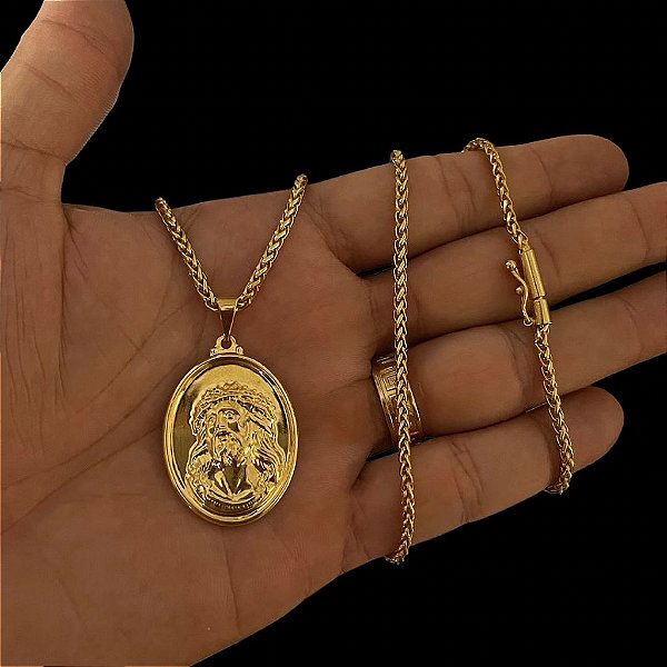 CORRENTE PERUANA( 70cm- 3mm) + PINGENTE MEDALHA JESUS- BANHADO A OURO 18K.