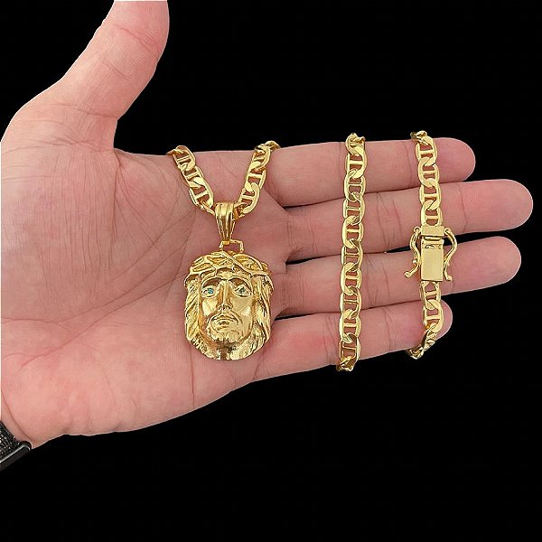 KIT CORRENTE PIASTRINE( 7mm- 70cm) + PINGENTE FACE DE JESUS -   FECHO COM MARCAÇÃO 750 - BANHADO A OURO 18K.