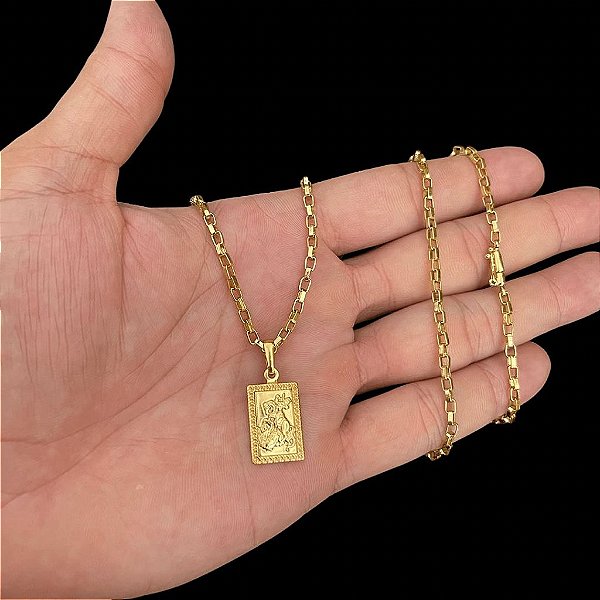 CORRENTE TIJOLINHO( 2MM- 70CM )+ PINGENTE SÃO JORGE - BANHADO A OURO 18K.