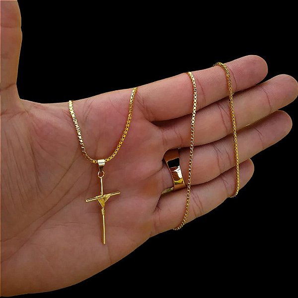 CORRENTE VENEZIANA( 1mm-70cm) + PINGENTE  CRUZ AMARRADA - BANHADO A OURO 18K.