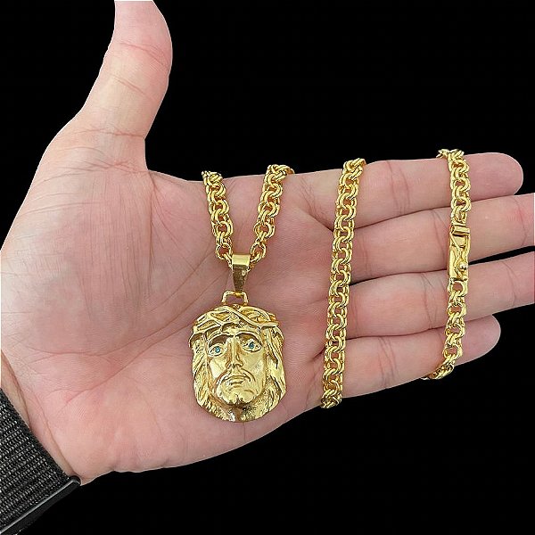 KIT FRISO DUPLO( 5mm- 70cm) + PINGENTE FACE DE JESUS -  FECHO COM MARCAÇÃO 750 - BANHADO A OURO 18K.